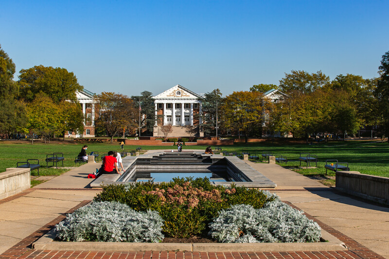 View of the Mall and ODK Fountain with Miller Administration in the background.