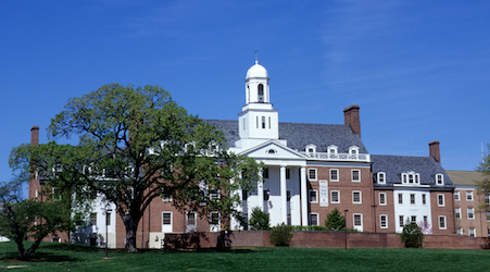 View of Anne Arundel Hall dormitory with blue sky